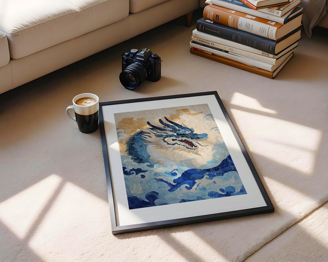 Blue Japanese Dragon Art Poster Rising from Swirling Ocean Waves - Image 5