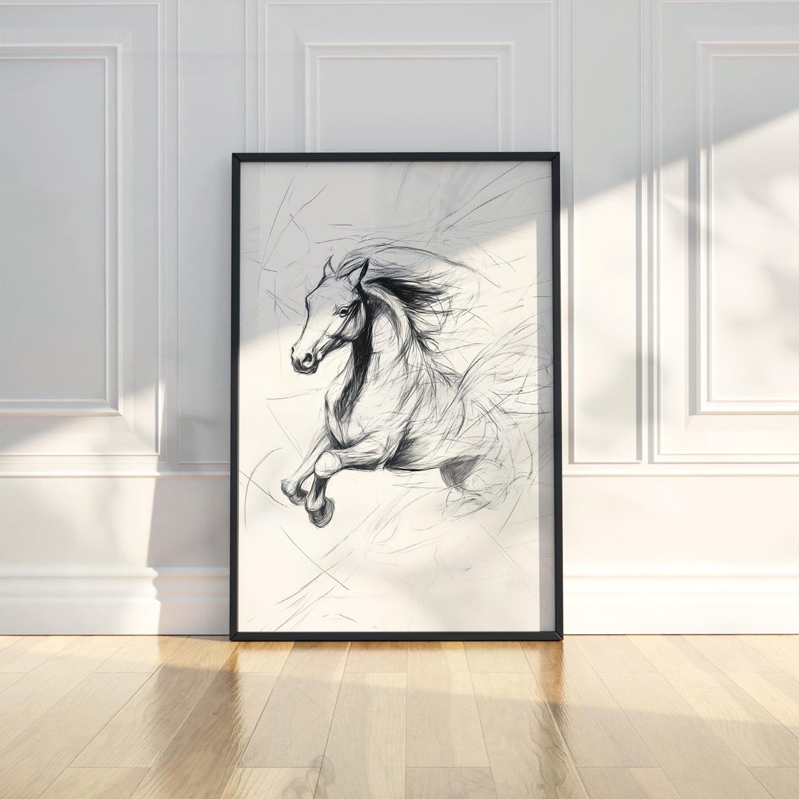 Galloping Horse Pencil Sketch Monochrome Equine Dynamic Drawing Poster