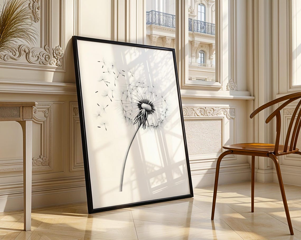 Dandelion Seed Head Blowing Delicate Monochrome Nature Sketch Poster - Image 4
