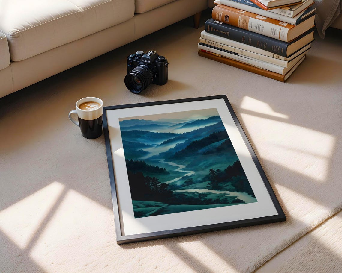 Misty Teal Mountain Valley River Winding Landscape Nature Poster - Image 6