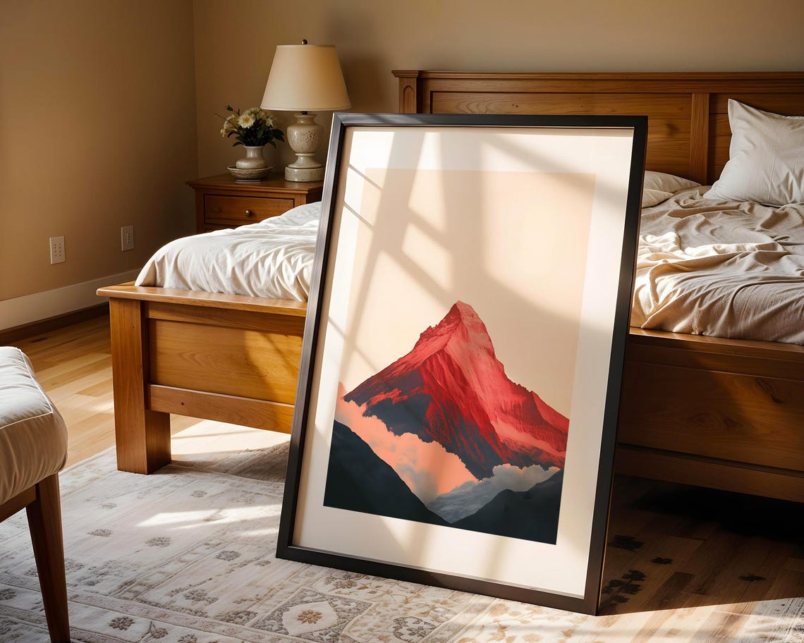 Bold Red Mountain Peak Above Misty Clouds Striking Modern Art Poster - Image 4