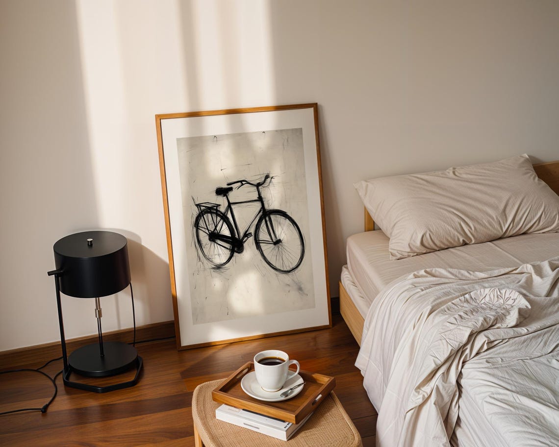 Vintage Bicycle Black Ink Sketch Minimalist Monochrome Wall Art - Image 3