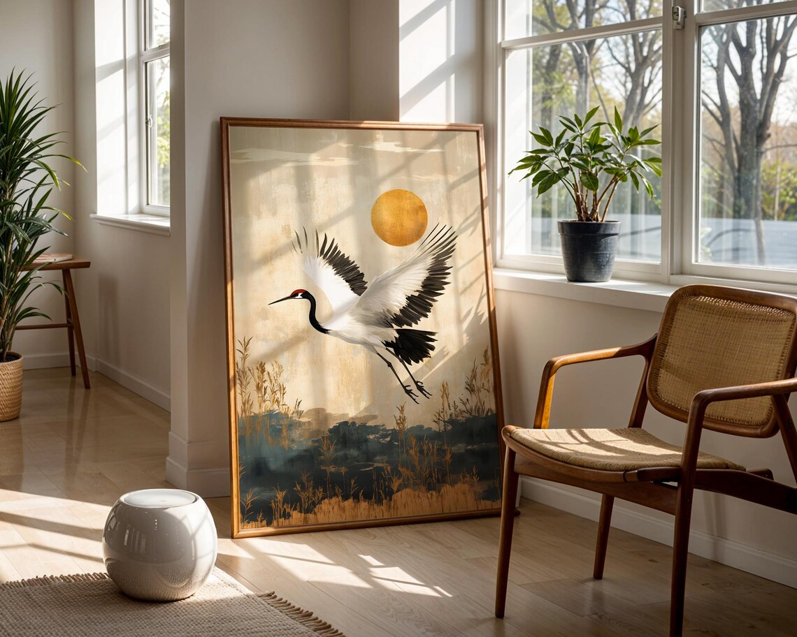 Elegant Crane Flying Beneath Golden Sun Asian Inspired Art Poster