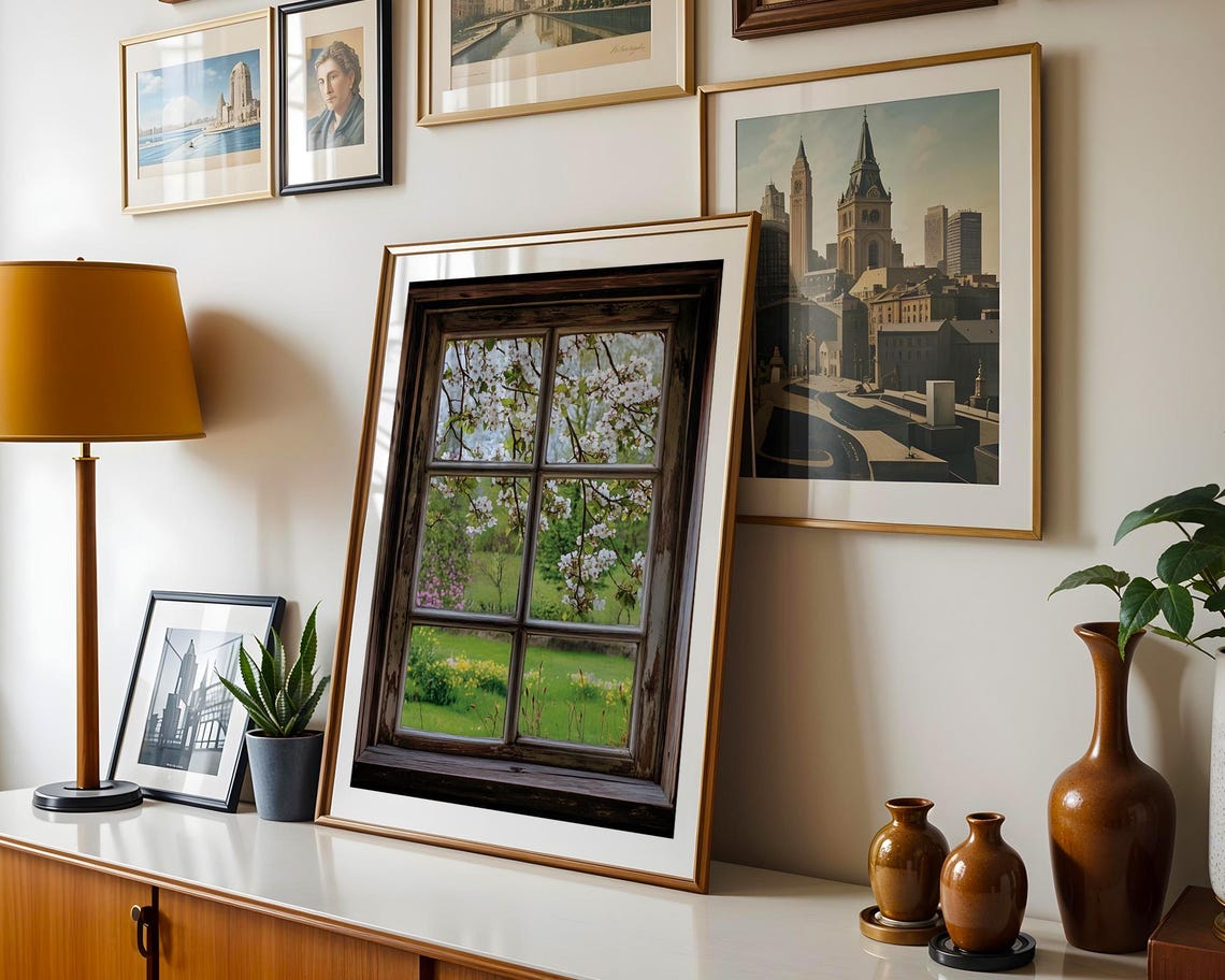 Rustic Window Spring Blossom Garden View Charming Vintage Wall Art - Image 3