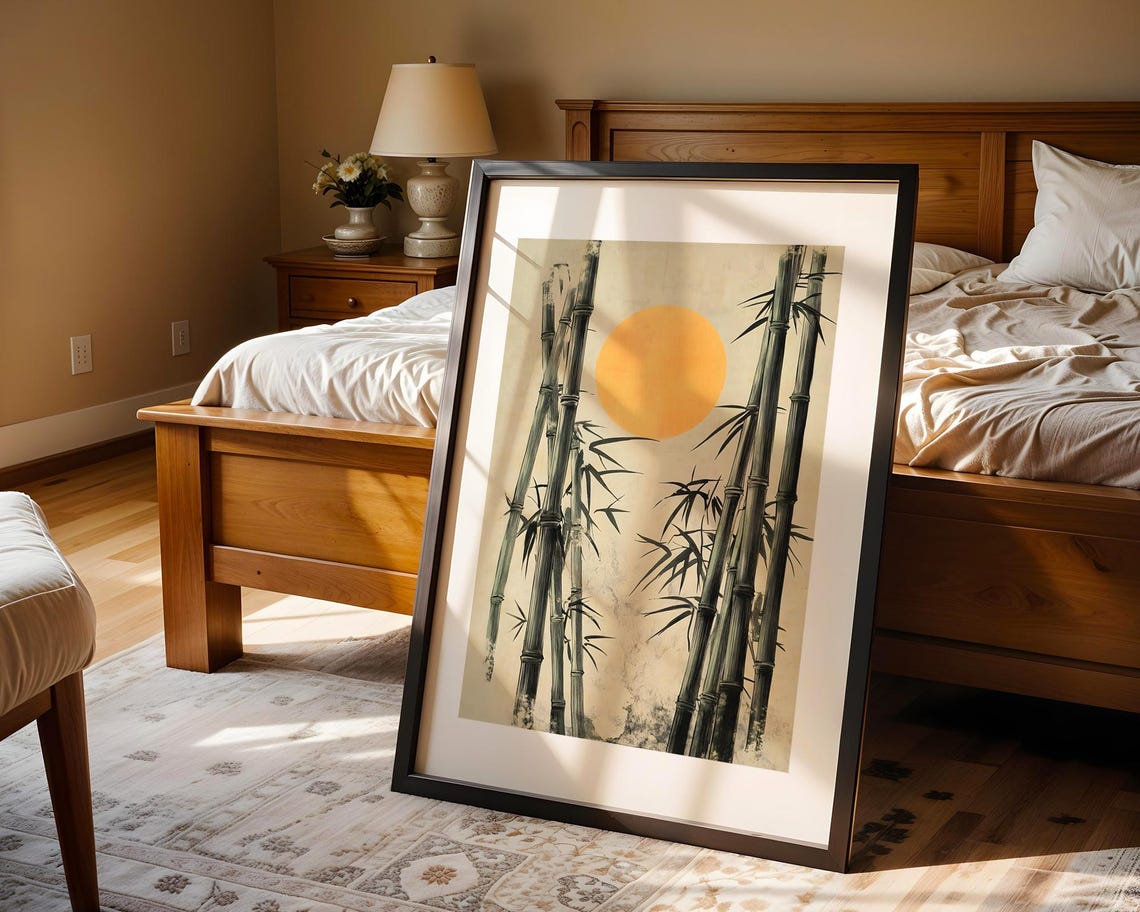 Serene Bamboo Forest Golden Sun Japanese Ink Wash Painting Poster - Image 5
