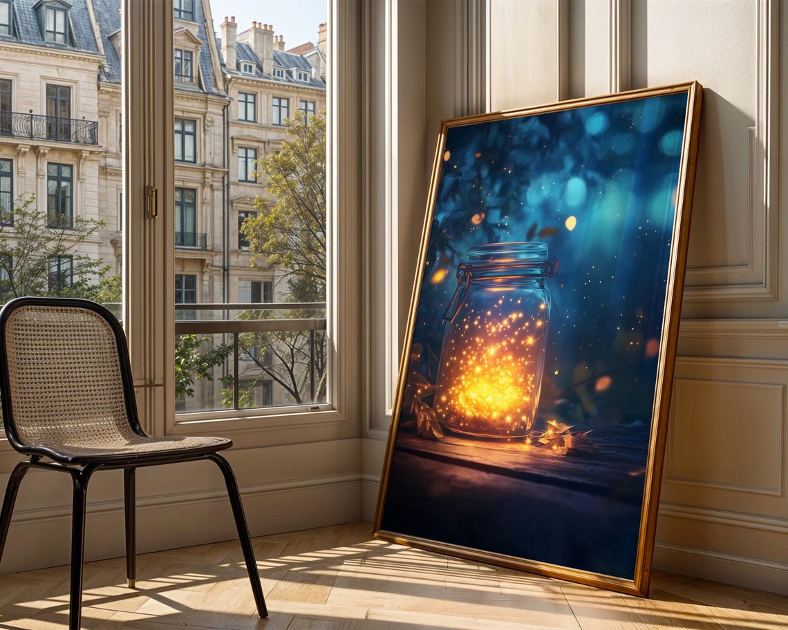 Fireflies Glowing In A Glass Jar Deep Blue Forest Night Poster - Image 3