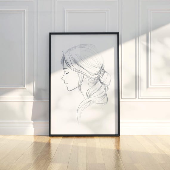 Serene Female Profile Pencil Sketch Wall Art Minimalist Portrait Poster For Living Room Office Bedroom Decor