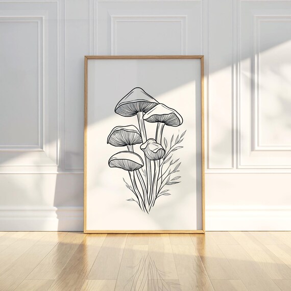 Minimalist Abstract Mushrooms Plant Line Art Pencil Sketch Drawing Trendy Poster Wall Print Modern Home Decor
