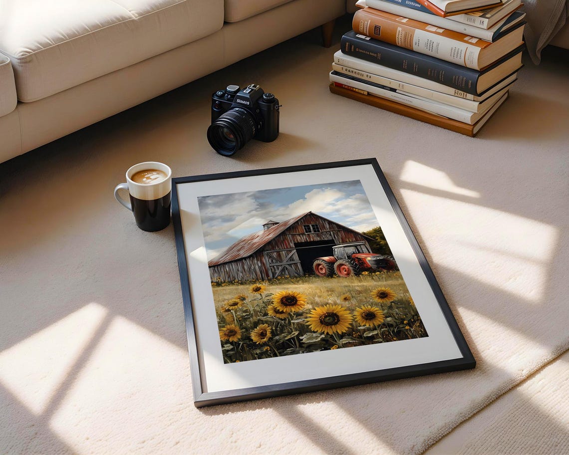 Red Barn Tractor Sunflower Field Rustic Farm Landscape Poster - Image 5