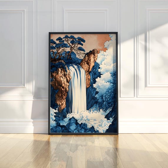 Asian Waterfall Wall Art Print Nature Landscape Rocks Pine Tree Traditional Modern Home Room Office Decor Gift