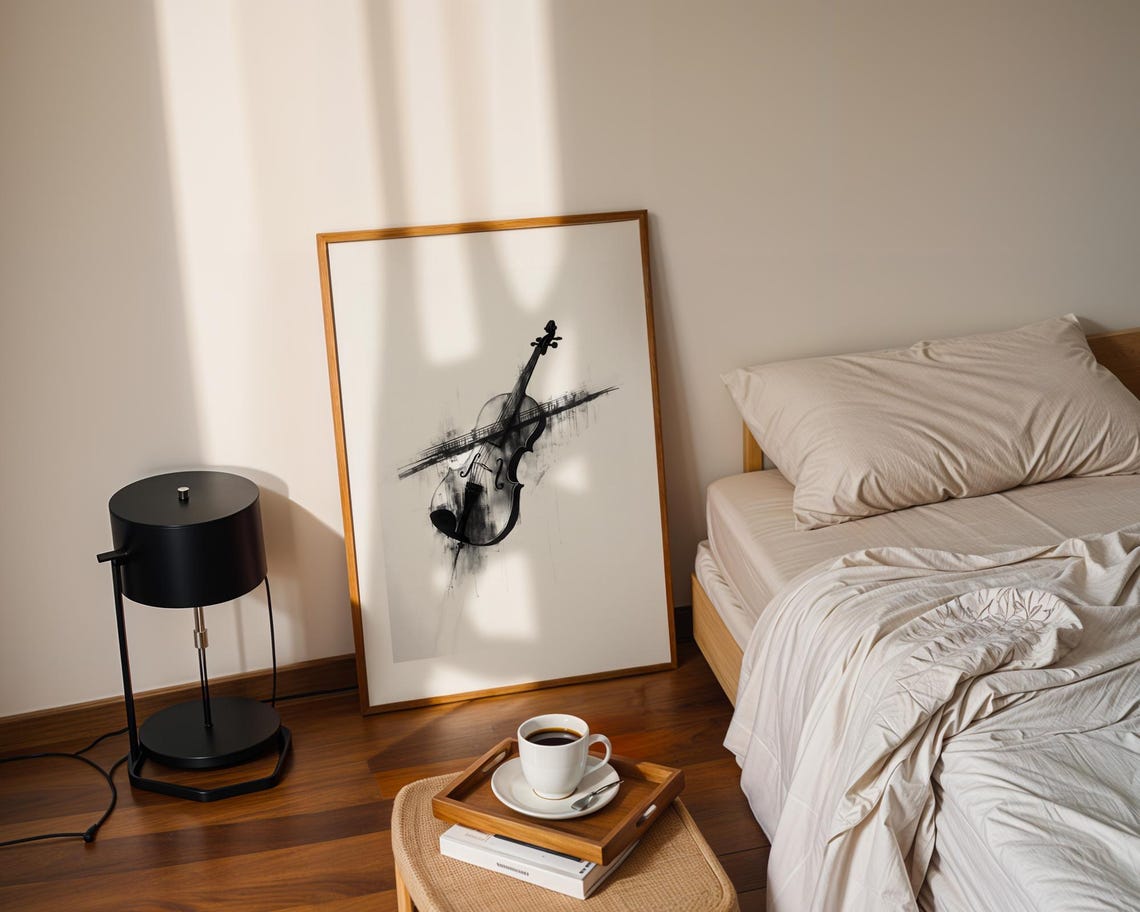 Violin with Music Staff Lines Black Ink Abstract Classical Art Poster - Image 3