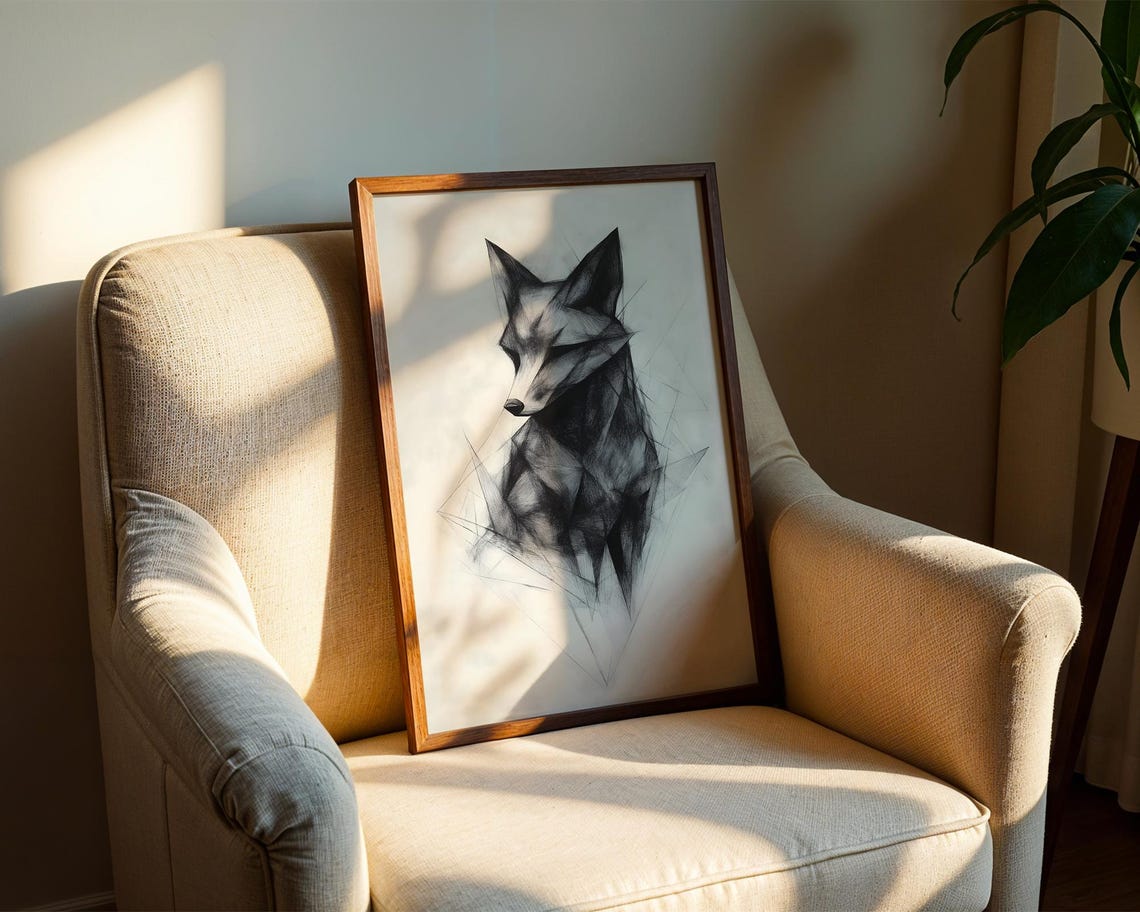 Geometric Fox Profile Black Ink Wildlife Animal Drawing Wall Art - Image 2