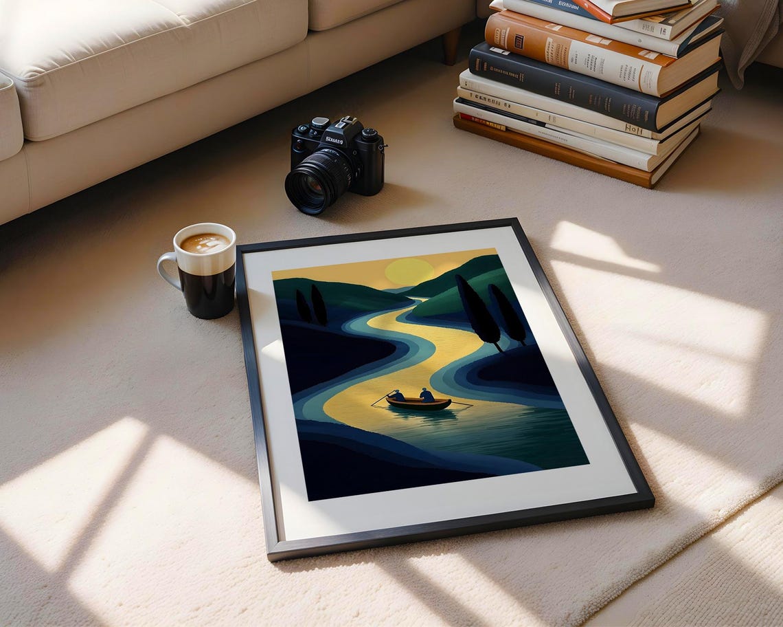Golden Sunset River Rowboat Dark Hills Cypress Minimalist Poster - Image 5