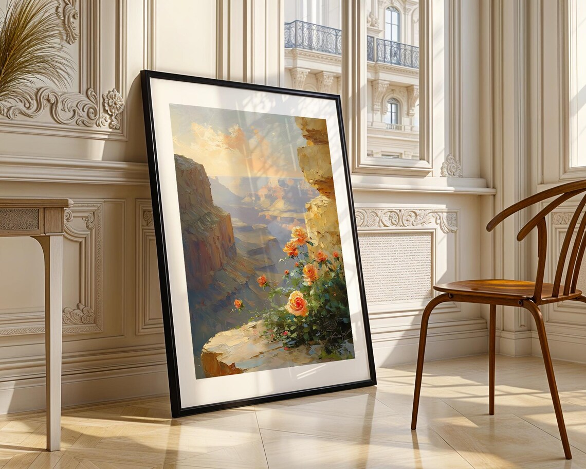 Orange Roses Blooming Canyon Cliff Edge Landscape Oil Painting Poster - Image 3
