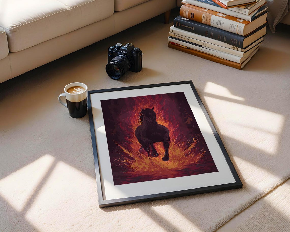 Wild Black Horse Running Through Flames Digital Painting Poster - Image 5