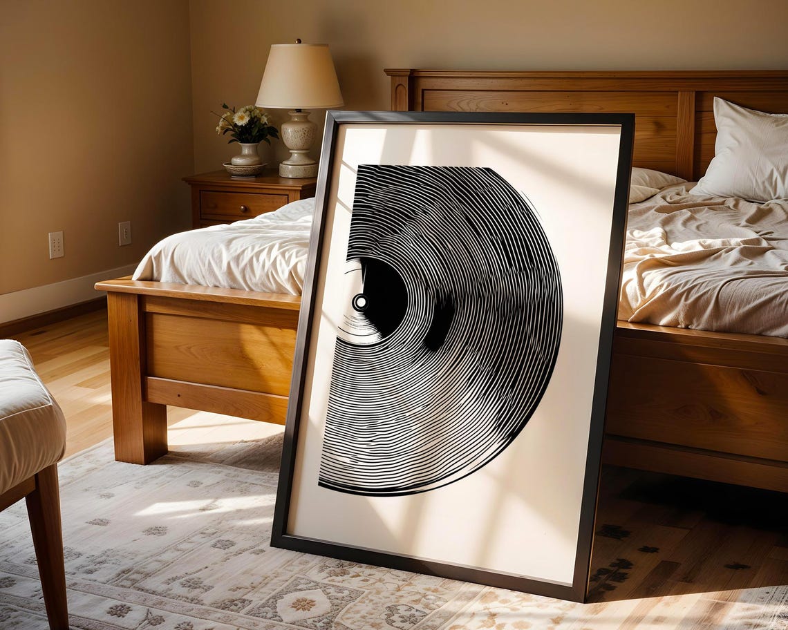 Vinyl Record Close Up Modern Black And White Line Art Music Poster - Image 5