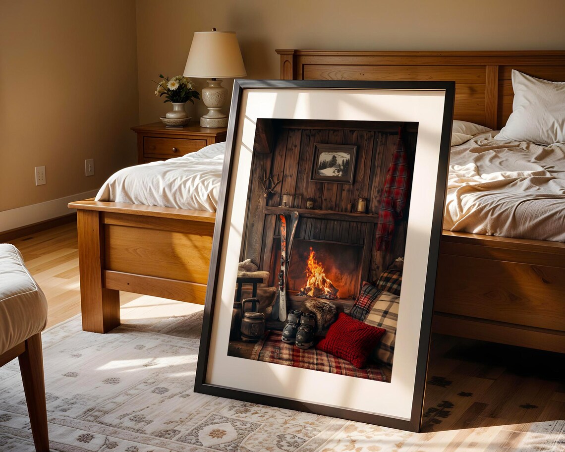 Cozy Ski Lodge Fireplace Scene Rustic Cabin Winter Retreat Poster - Image 3