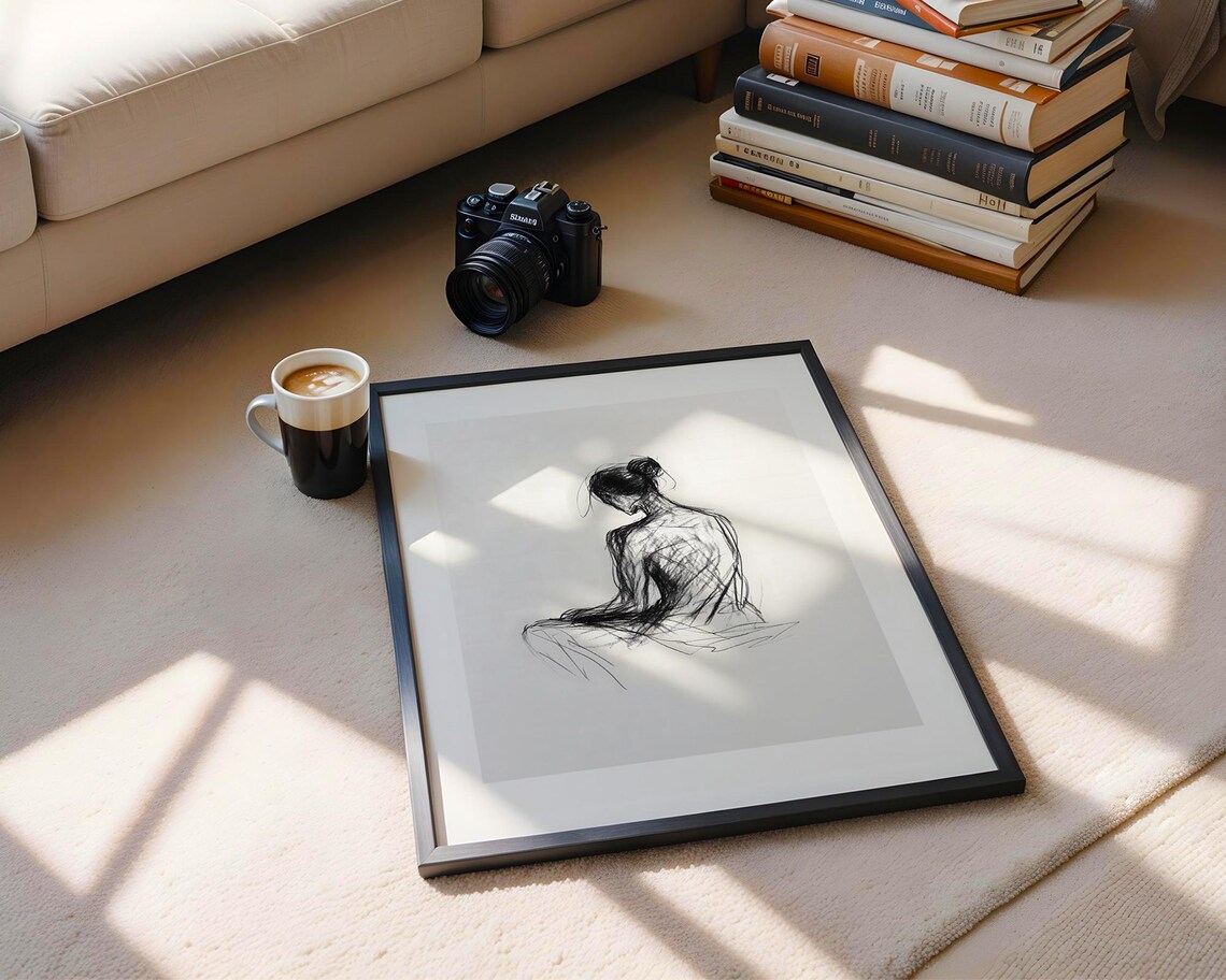Seated Woman Back View Charcoal Sketch Figure Drawing Poster - Image 6
