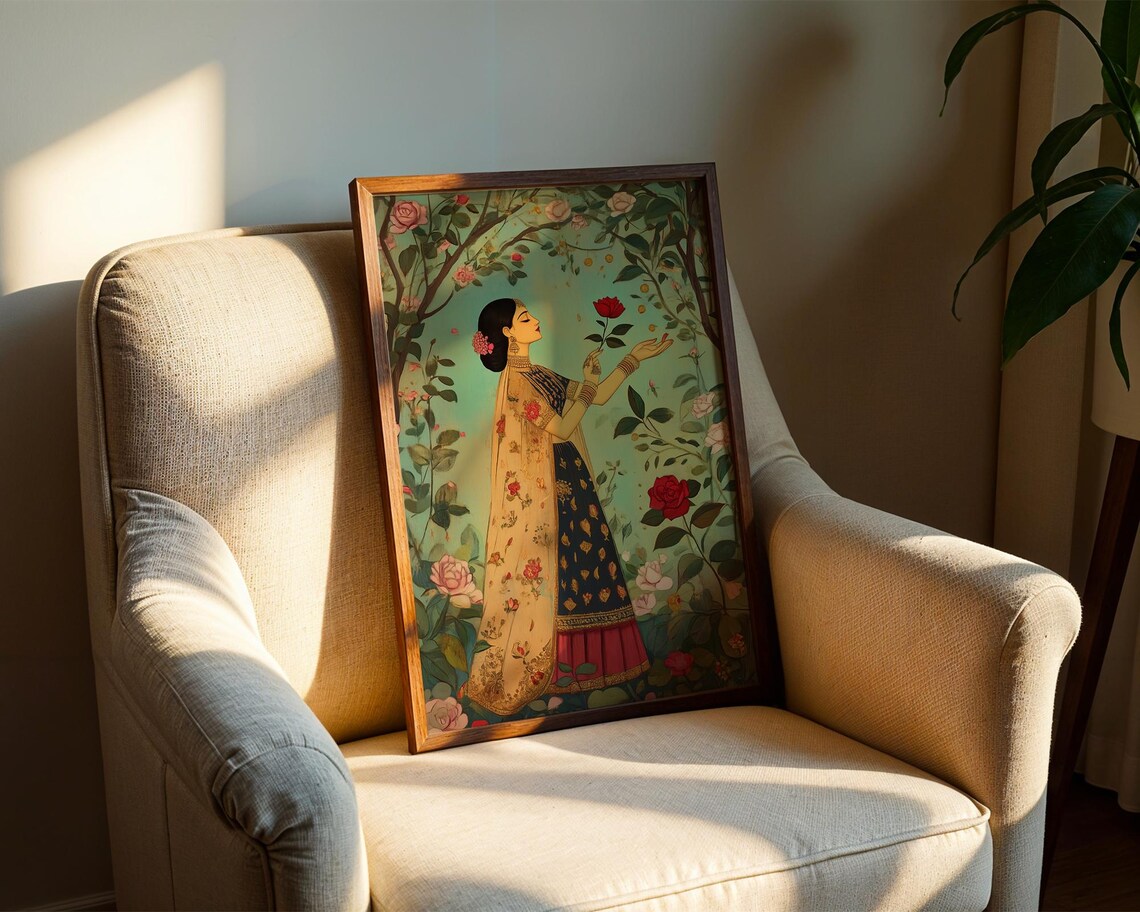 Indian Woman Rose Garden Traditional Mughal Style Art Poster - Image 2