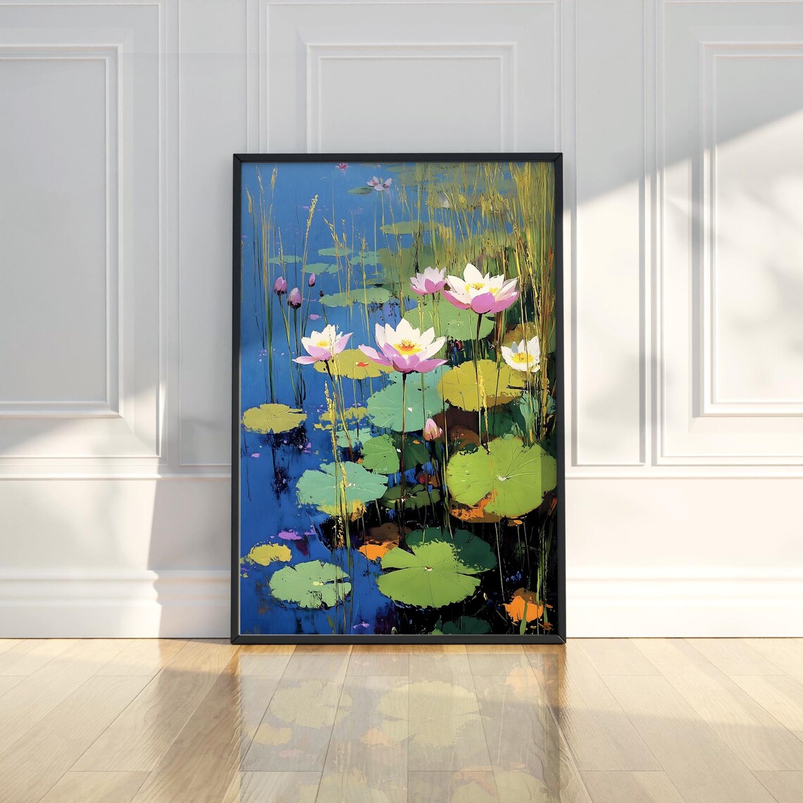Water Lilies Blue Pond Lily Pads Tranquil Floral Oil Painting Poster