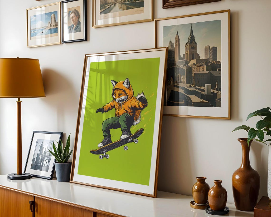 Skateboarding Fox Orange Hoodie Trick Lime Green Street Style Poster - Image 2