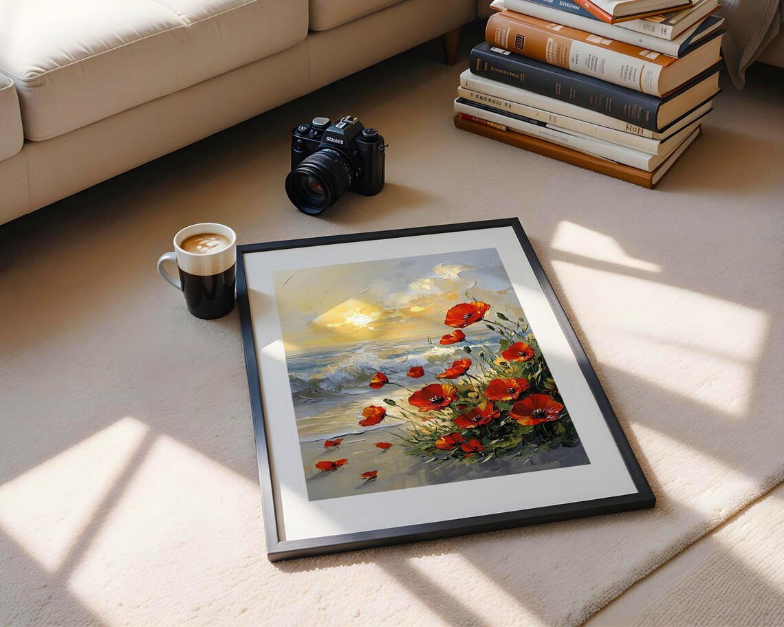 Red Poppies at Sunset Coastal Oil Painting Floral Seascape Poster - Image 5