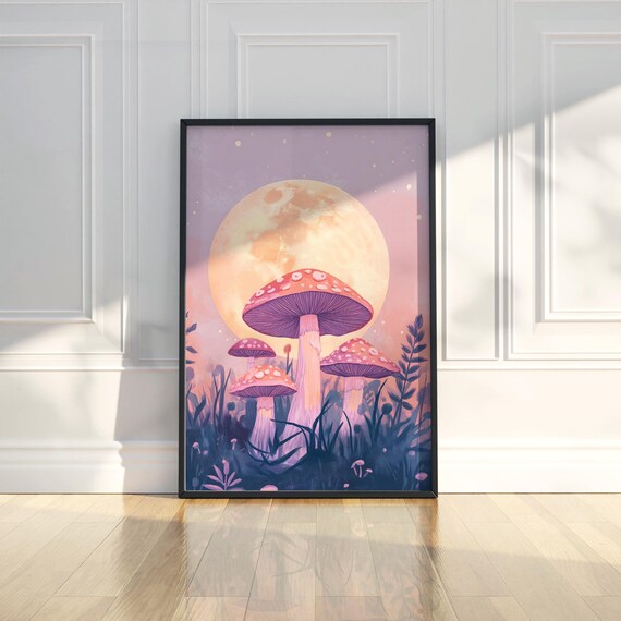 Red Spotted Mushrooms Under Giant Golden Moon Pastel Night Poster