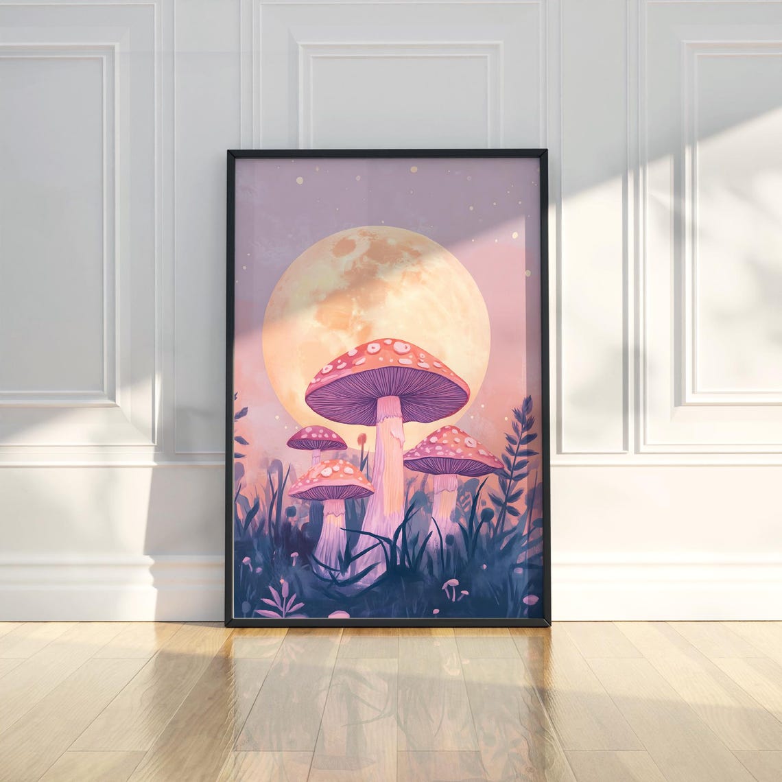 Red Spotted Mushrooms Under Giant Golden Moon Pastel Night Poster