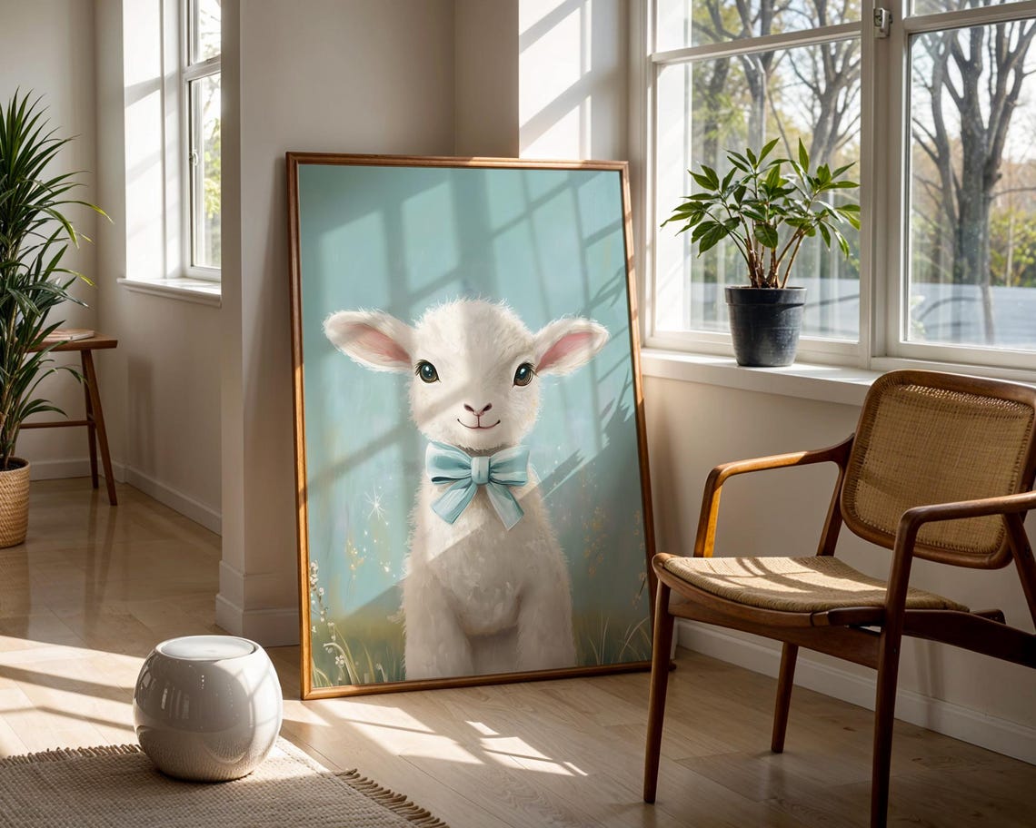 Cute White Lamb With Blue Bow Tie Pastel Teal Nursery Wall Art - Image 5