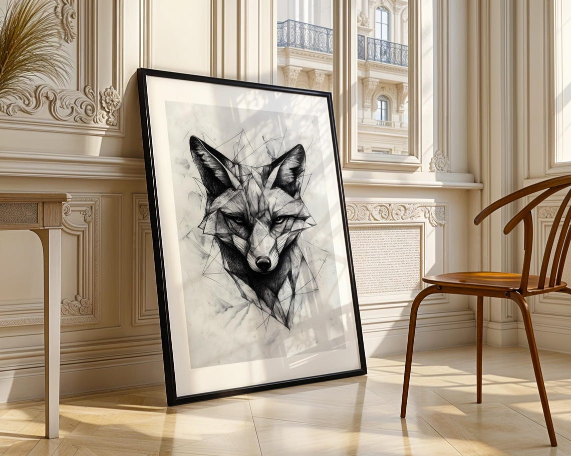 Geometric Fox Face Front View Bold Ink Sketch Wildlife Animal Poster - Image 4
