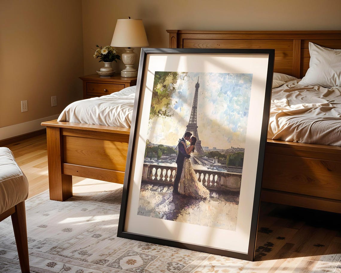 Paris Eiffel Tower Couple Dancing Impressionist Painting Art Poster