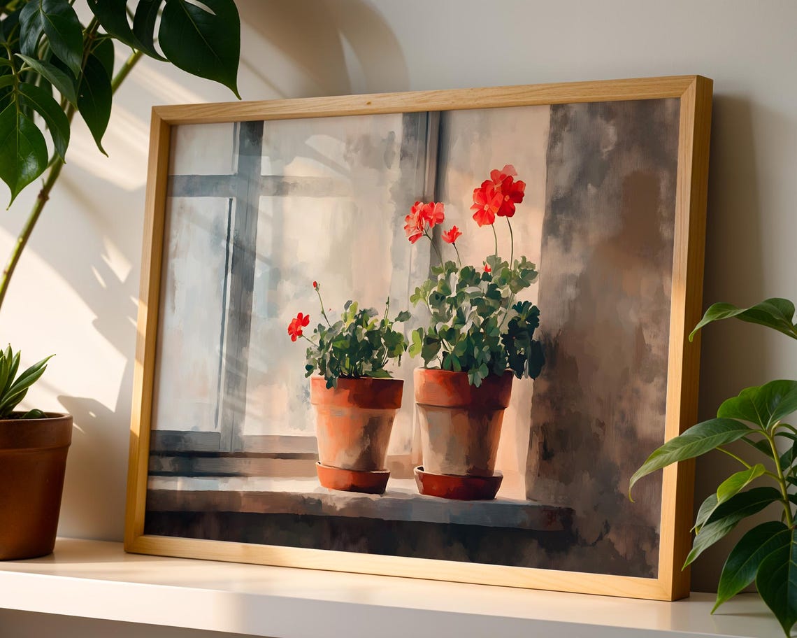 Red Geraniums Terracotta Pots Windowsill Watercolor Art Poster - Image 4