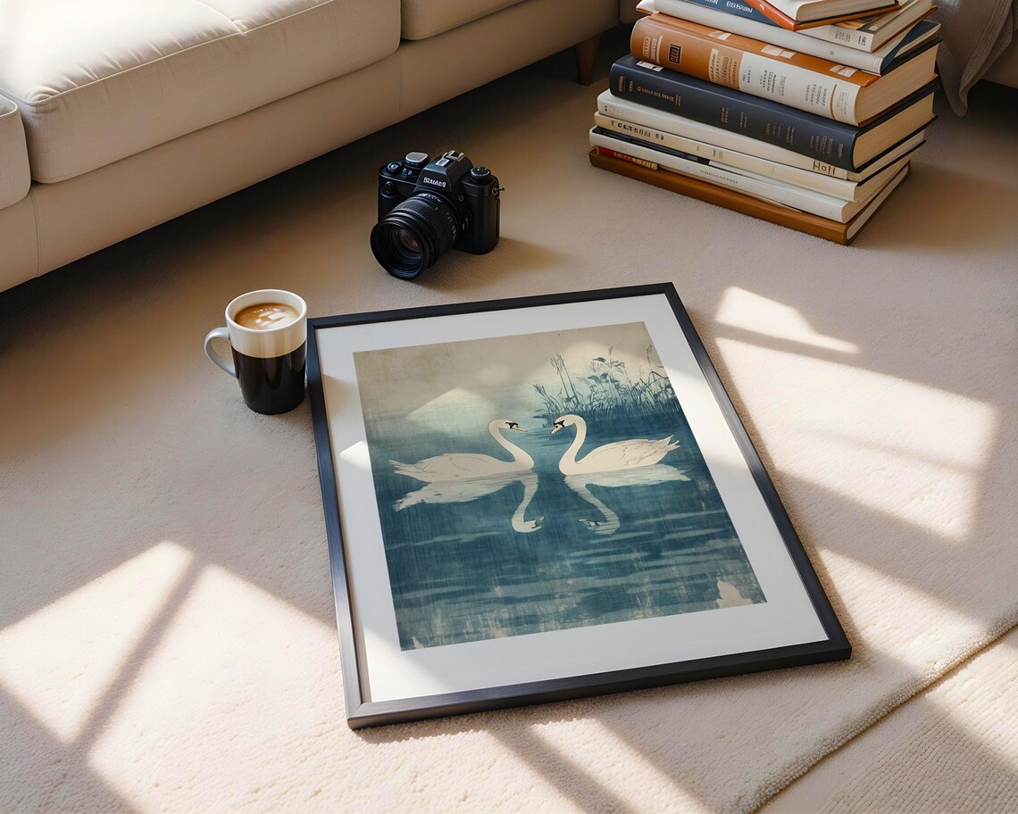 Vintage White Swan Pair Teal Lake Romantic Asian Style Art Poster - Image 5