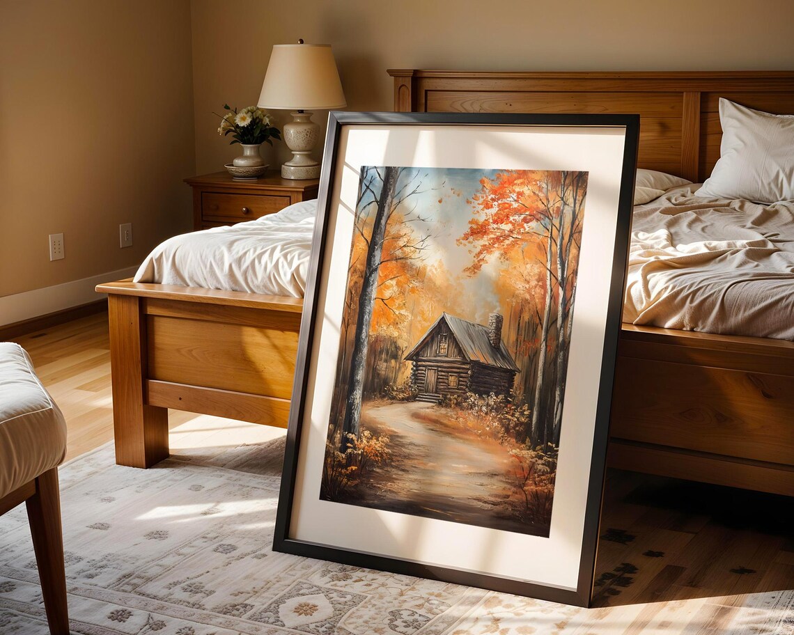 Autumn Forest Log Cabin Fall Foliage Cozy Landscape Painting Poster - Image 4