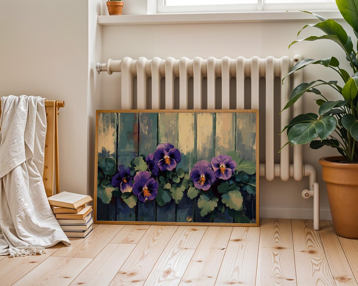 Purple Pansies Rustic Wooden Fence Vintage Garden Floral Wall Art - Image 6