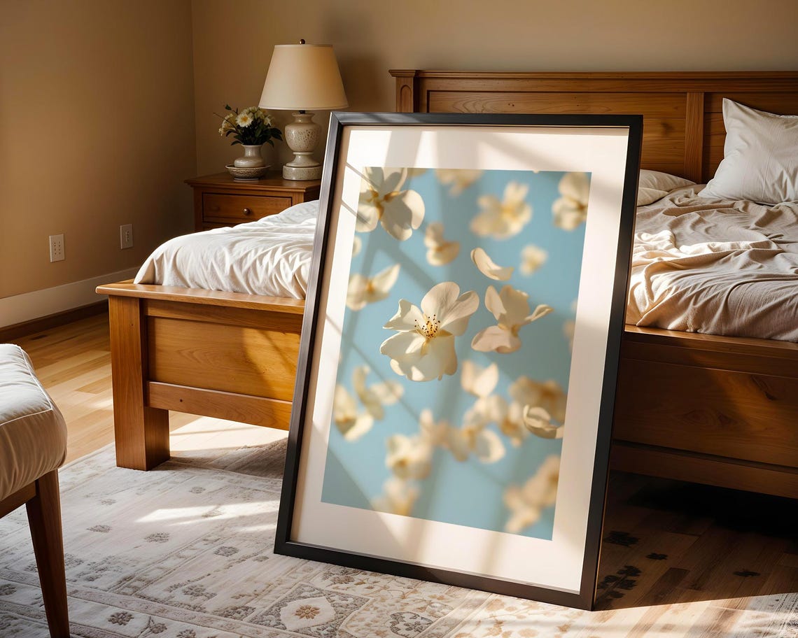 Dreamy White Spring Blossom Flowers Floating in Blue Sky Poster - Image 4