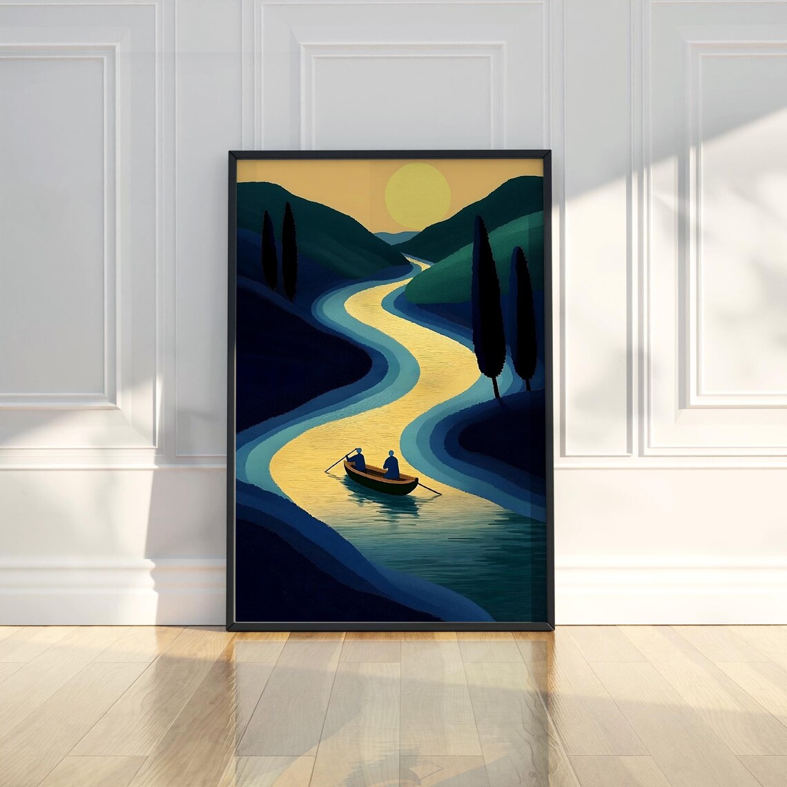 Golden Sunset River Rowboat Dark Hills Cypress Minimalist Poster