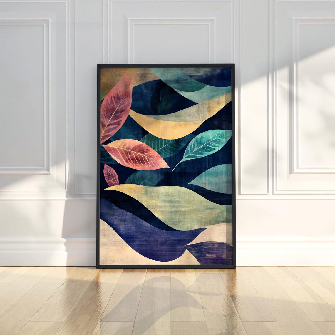 Colorful Abstract Botanical Leaves Navy Blue Waves Art Print