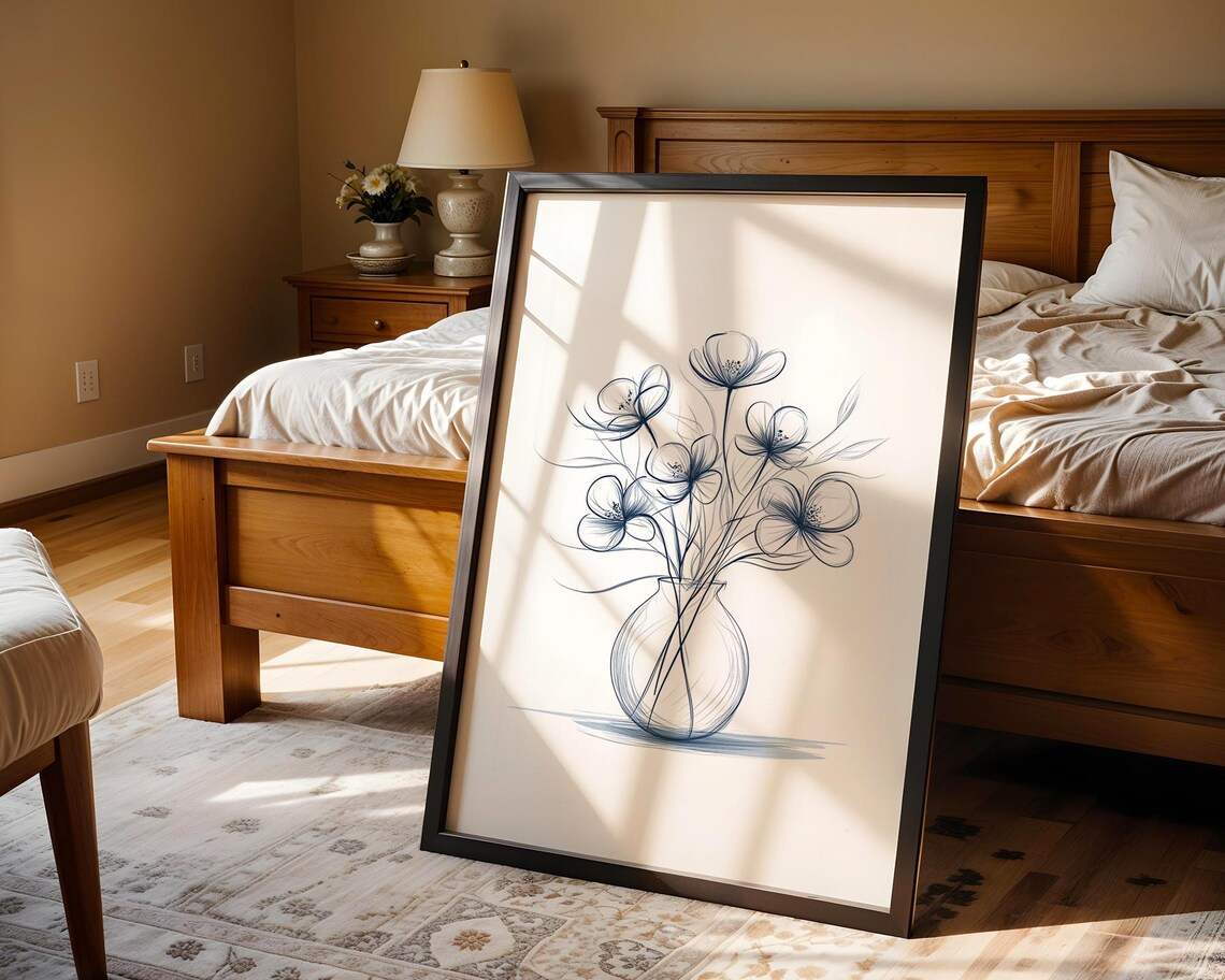 Blue Ink Poppy Flowers in Vase Art Poster for Minimalist Home Decor - Image 4