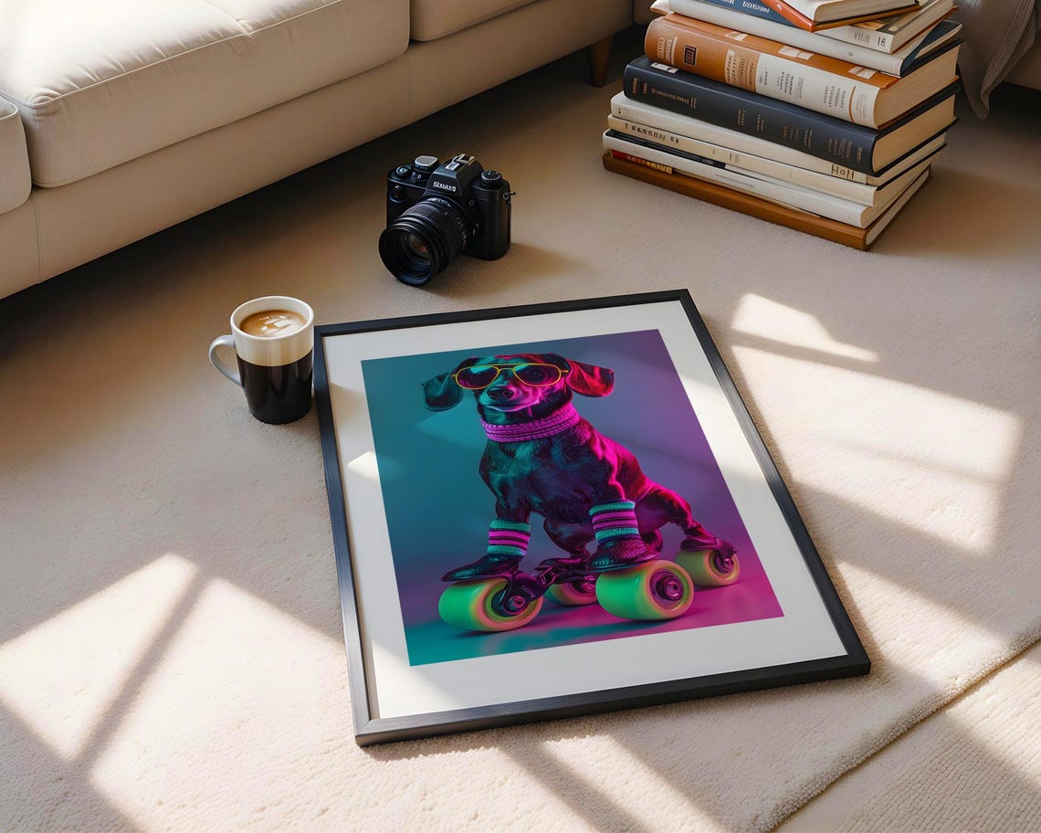Cool Dachshund Neon Sunglasses Roller Skates Retro Pop Dog Wall Art - Image 5