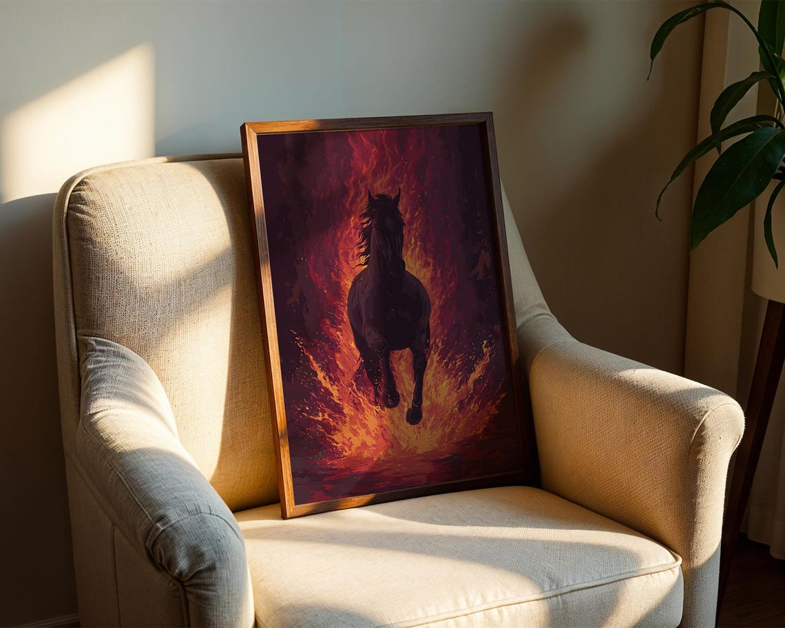 Wild Black Horse Running Through Flames Digital Painting Poster - Image 2