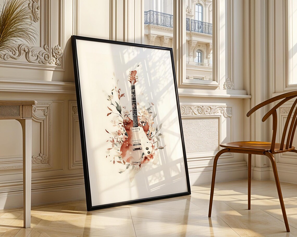 Electric Guitar Watercolor Floral Blush Pink Rock Music Art Poster - Image 4