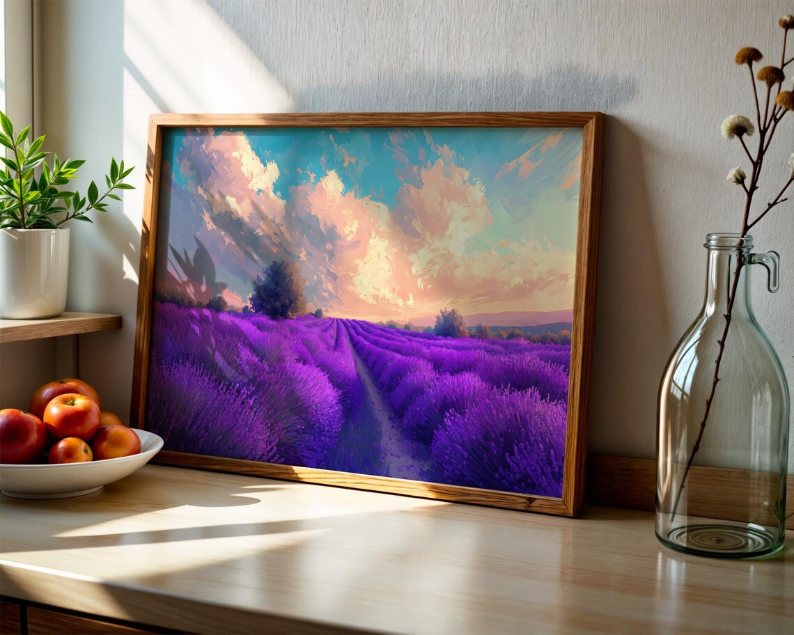 Purple Lavender Field Rows Sunset Sky Pastel Landscape Poster - Image 2
