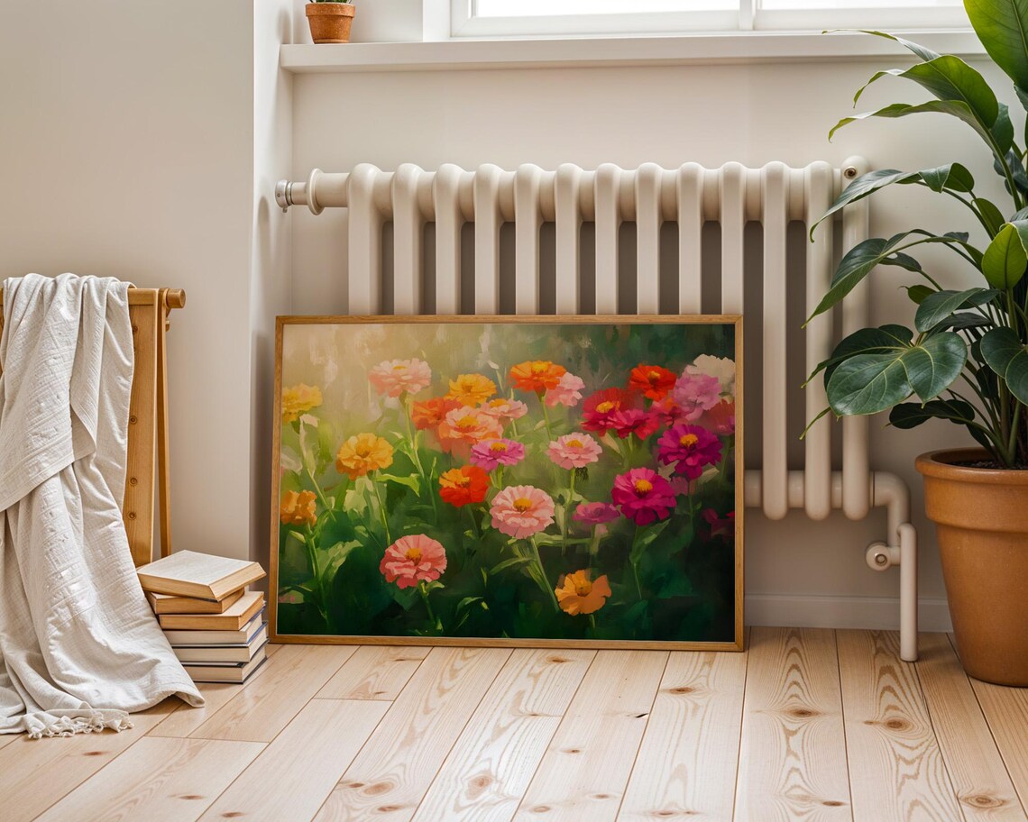 Colorful Zinnia Flower Garden Sunlit Oil Painting Bloom Wall Art - Image 6