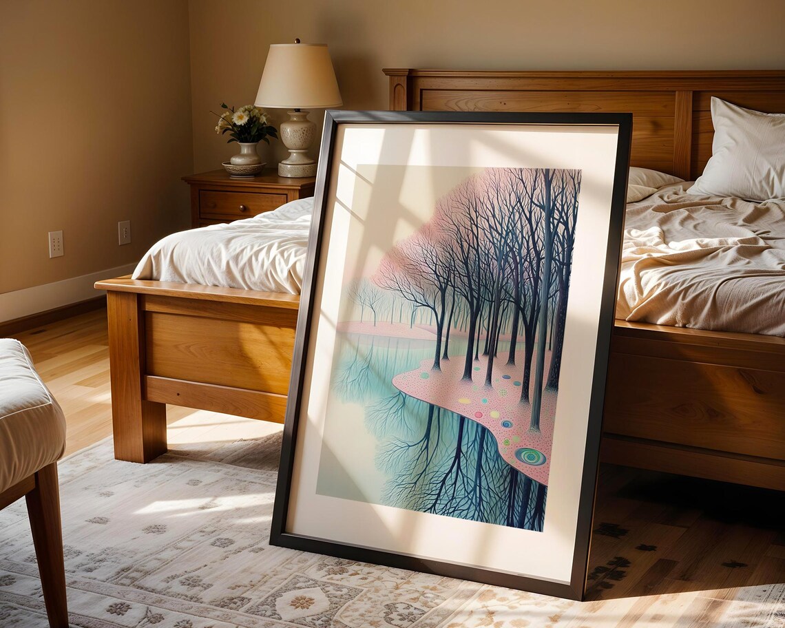 Pastel Pink Blue Lake Trees Reflection Surreal Landscape Poster - Image 4