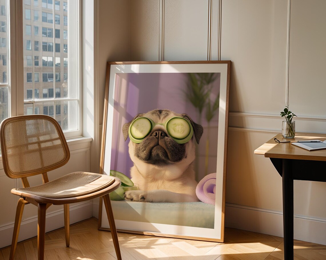 Pug Spa Cucumber Eyes Funny Relaxing Dog Portrait Humor Art Poster - Image 4