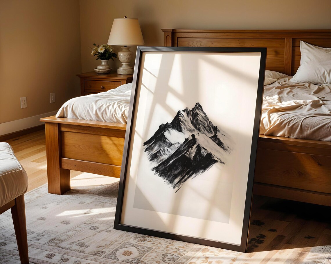 Snowy Mountain Peak Black Charcoal Sketch Minimalist Nature Poster - Image 5