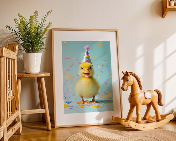 Party Duckling Wall Art Cute Duck In Birthday Hat With Confetti Playful Animal Nursery Print Fun Kids Room Decor Gift