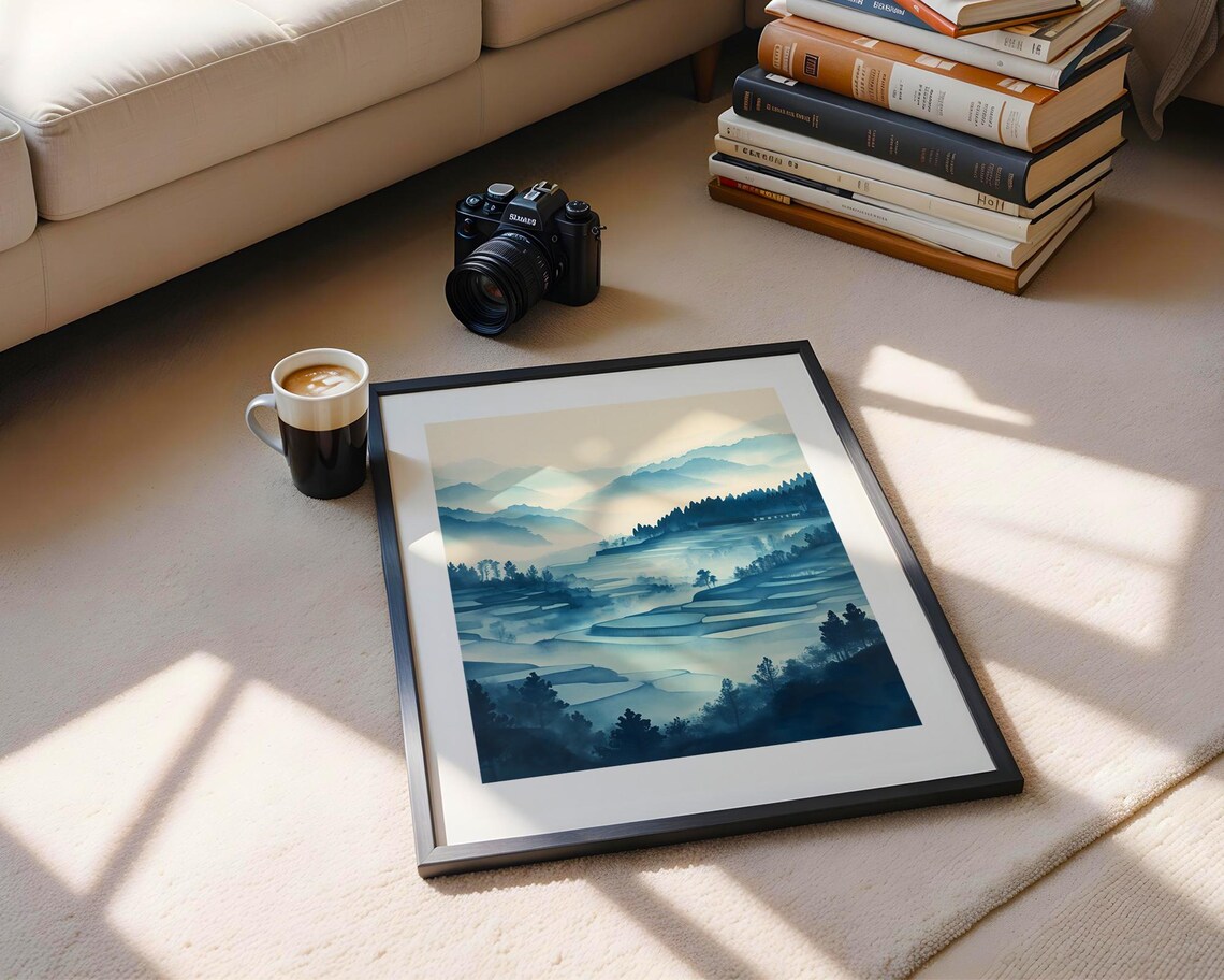 Blue Rice Terraces Mountain Misty Watercolor Japanese Art Poster - Image 5