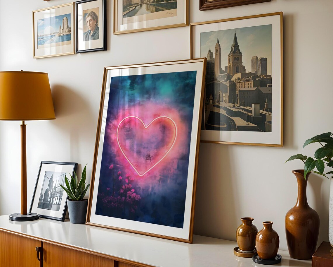 Dreamy Neon Pink Heart Glowing Night Sky Love Romantic Art Print - Image 5